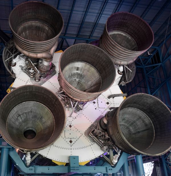 The business end of a Saturn V. Where the fire comes out. What you're looking at towers 4 stories above you. It's big. Photographs do it no justice at all, but we try anyway.